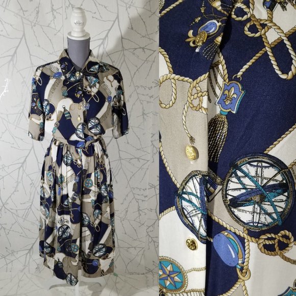 St. Michael VTG Nautical Sailing Printed Pleated Midi Skirt Set - Picture 1 of 7